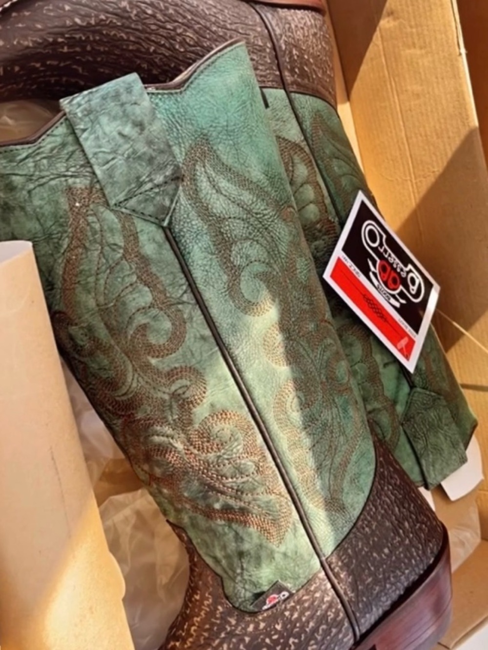Embroidered Green Western Heeled Boots for Women